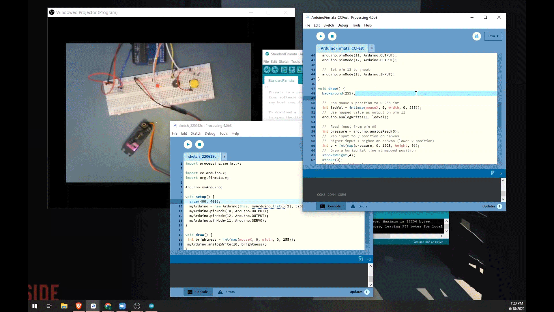Gif of Caleb Foss’s workshop using Processing and Arduino. Depiction of processing script communicating with Arduino to turn on and off a led light on a breadboard.