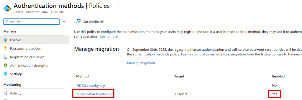 Image showing “Microsoft Authenticator” enabled in “Authentication methods”