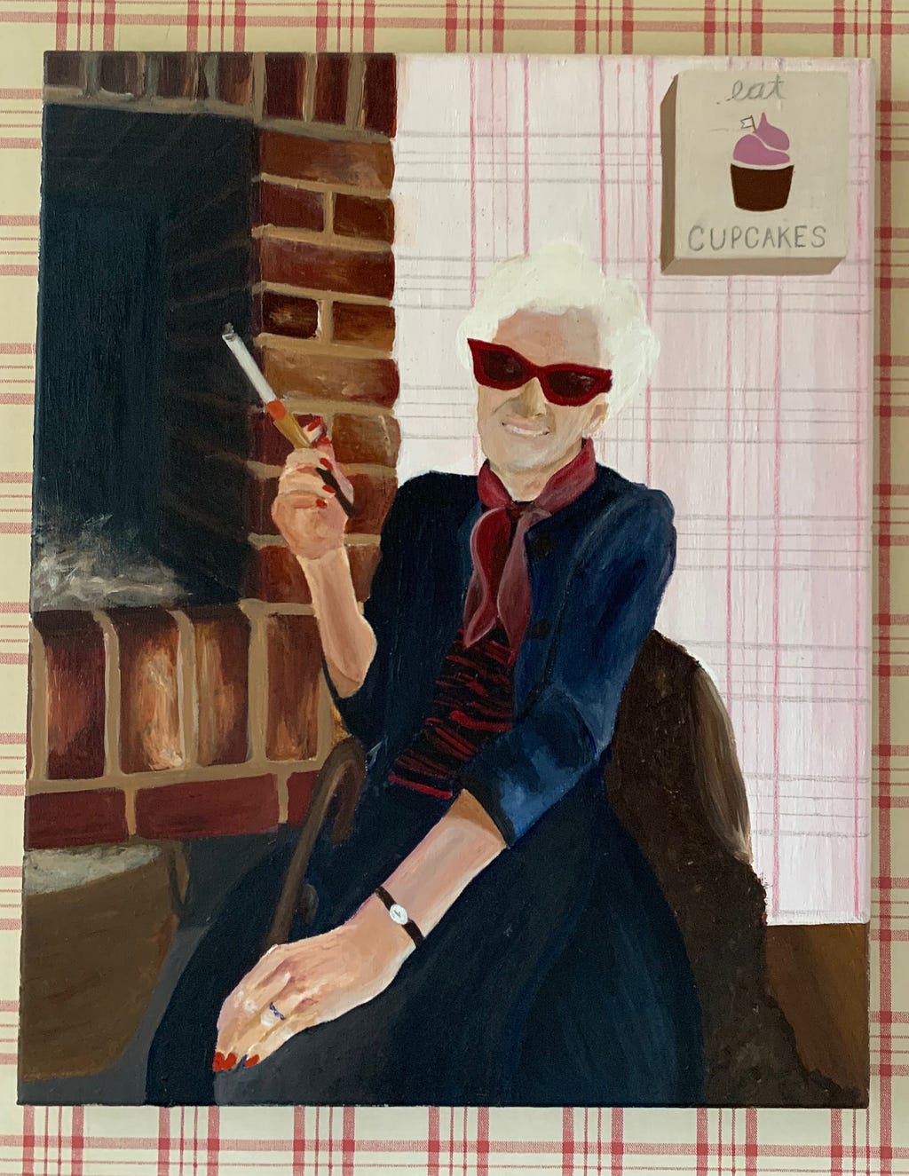 A painting of an older woman, in stylish cat-eye sunglasses and smiling while holding a cigarette in a holder.