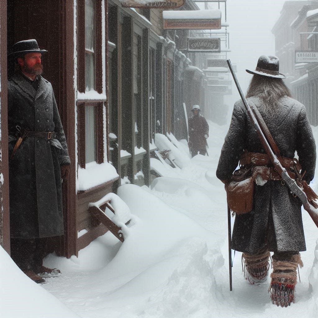 A police officer in an Old West Mining Town during a snowstorm lull watches a man in a heavy coat and snowshoes walking down the middle of a snow-filled street carrying a shotgun.