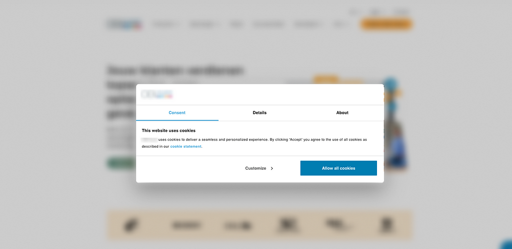 Screenshot of a modal window with a primary button asking you to allow all cookies.