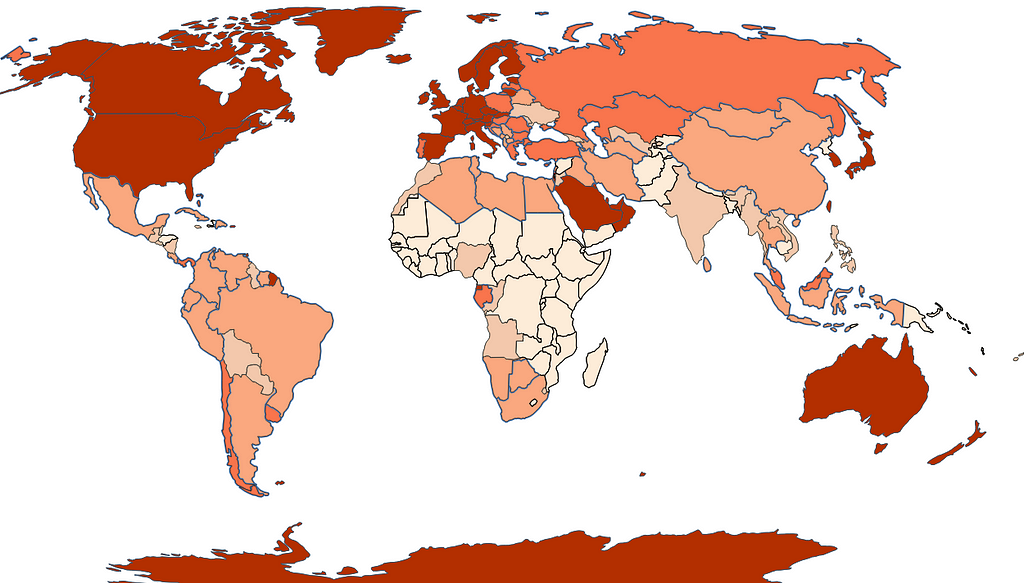 Country per capita GDP shown with a Robinson projection (made with QGIS)
