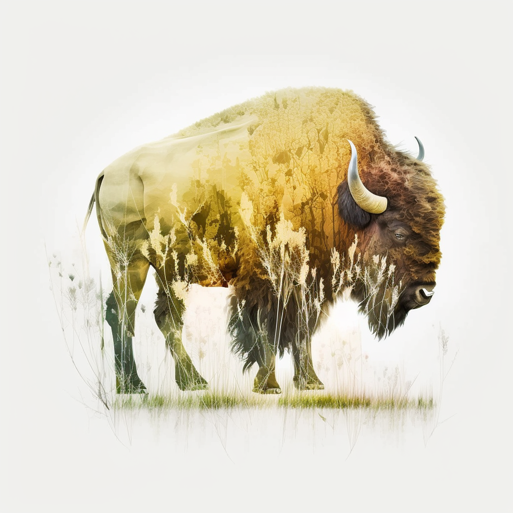 Double exposure bison with the great grass plains (generated by Midjourney)