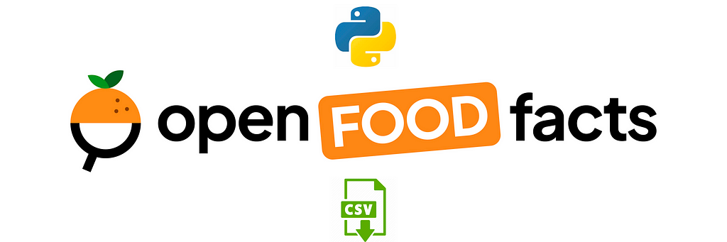 Open Food Facts logo with a Python logo and a CSV download icon