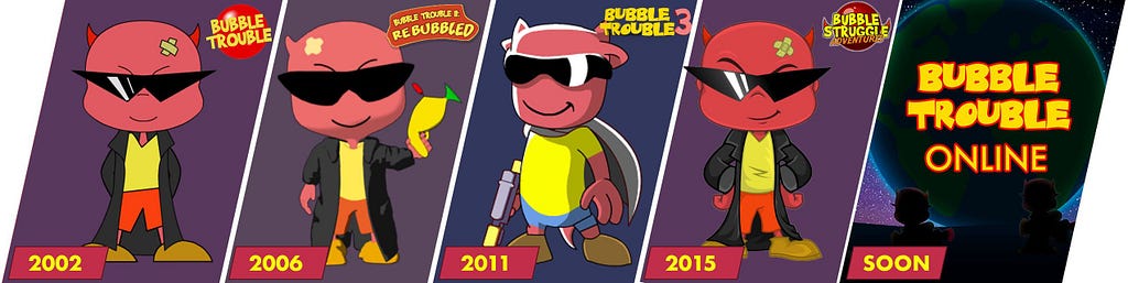 A timeline showing all 4 Bubble Trouble games and the main character from each, beginning at Bubble Trouble 1 from 2002 on the left and ending with an image of Bubble Trouble Online, coming soon!