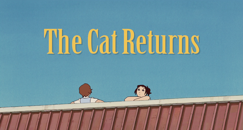 two girls sitting on a roof with “The Cat Returns” title above them
