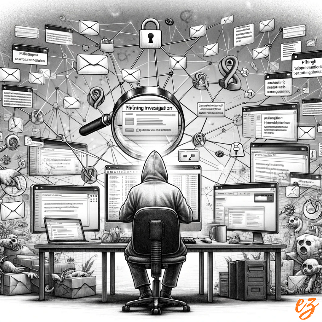 Black and white pencil sketch of an investigator analyzing phishing attacks, surrounded by digital screens, a magnifying glass, and interconnected phishing URLs.