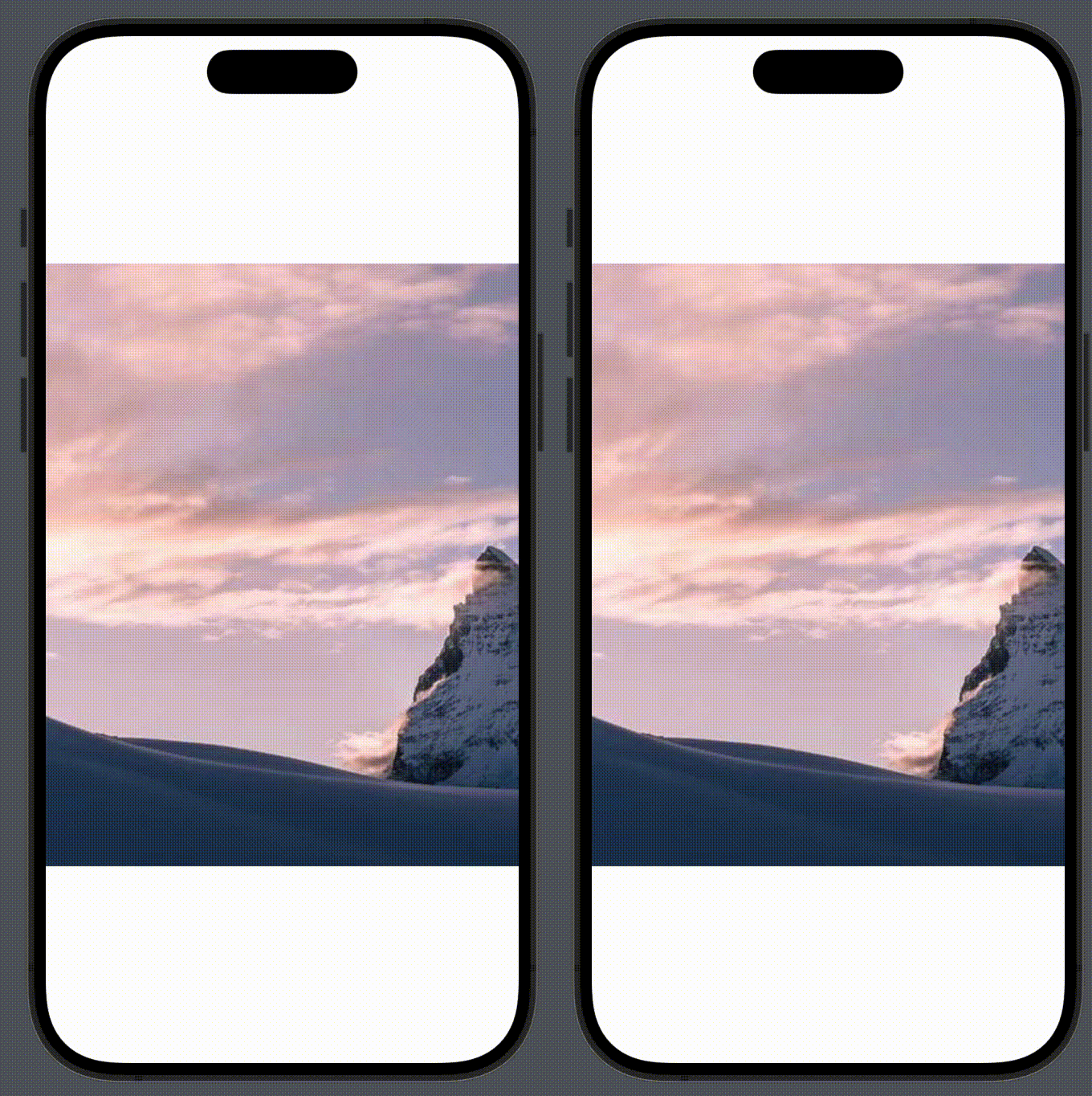 A gif image showing the problems with the Drag and Magnification Gesture on the image in the simulator. On the left simulator, the image is dragged from the right to the left. When the gesture is made more close to the border of the simulator frame, the image jumps instead of slides. On the right simulator, the image is scaled from the center to the border and afterwards it is scaled from the border to the center. The last gesture makes the image pop in the screen in the new scale.