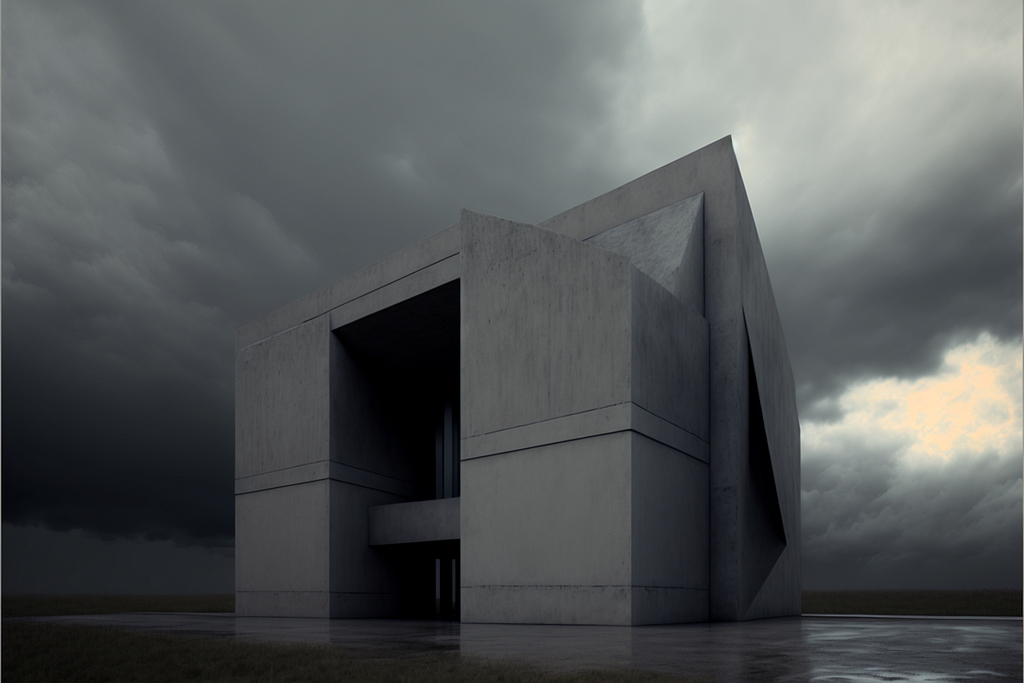 stratus clouds, modern brutalist architectuer