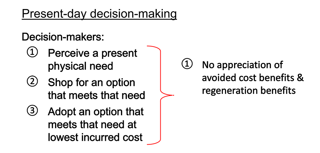 First, present-day decision-making contains no process for appreciating the avoided cost benefits and regeneration benefits of regenerative options