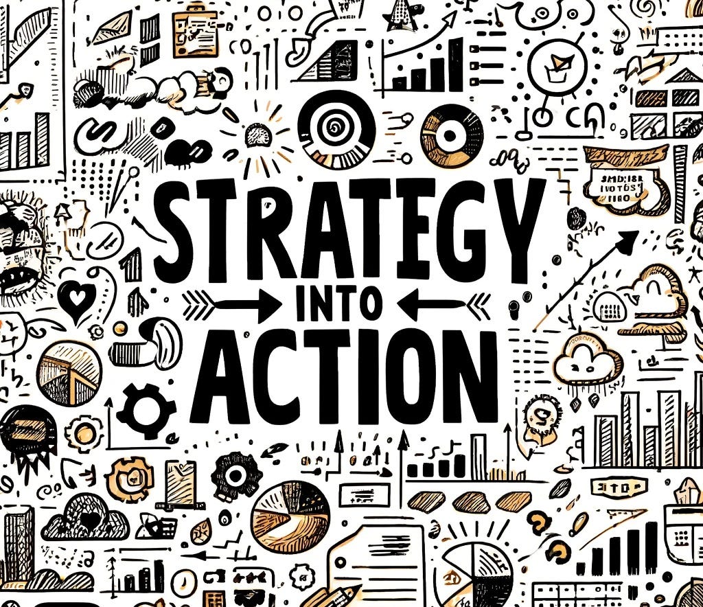 A graphic depicting the text “Strategy into Action”, surrounded by charts, graphs and arrows to symbolise business performance improvements.
