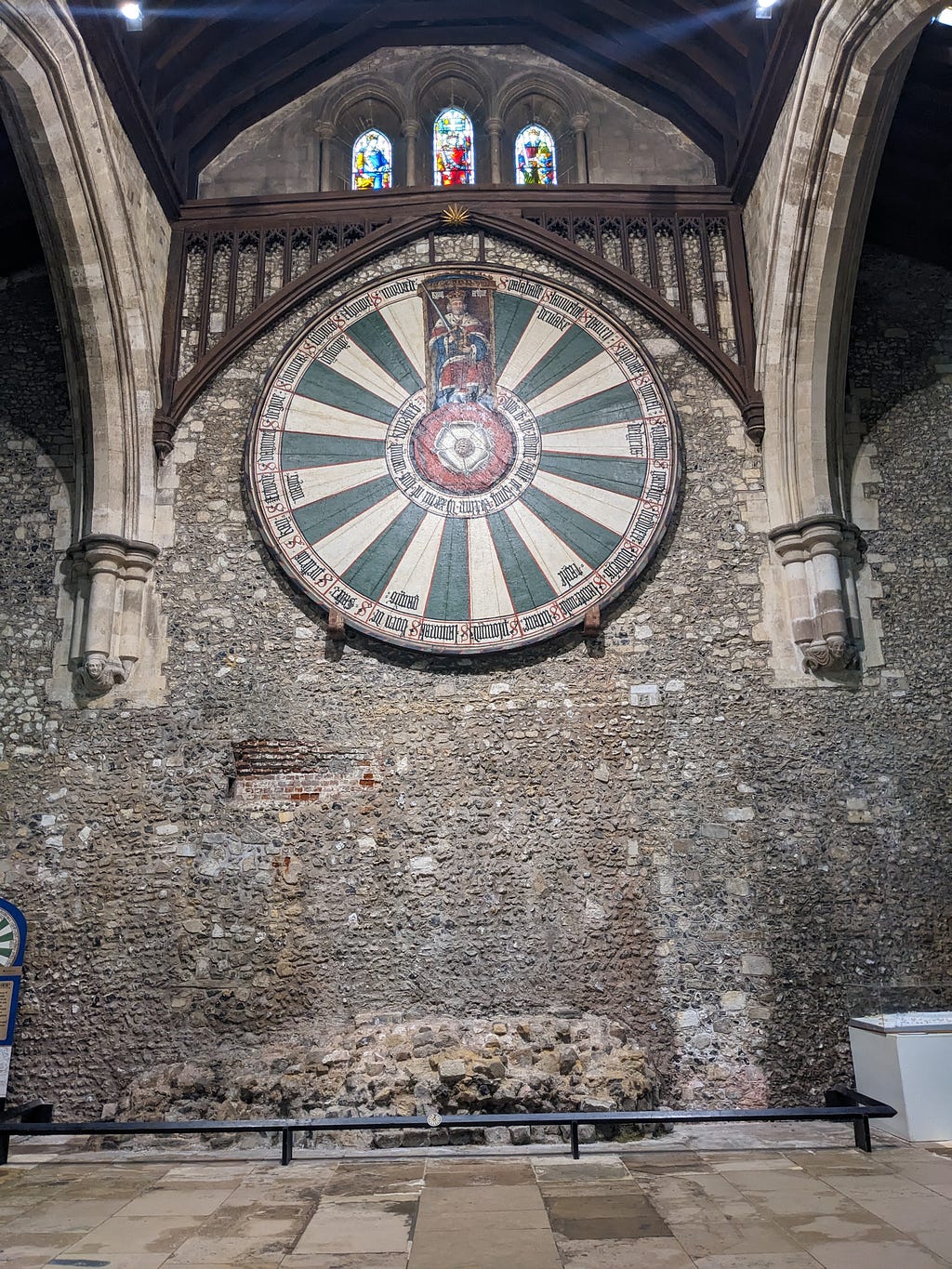 Circular table that was claimed to be King Arthur’s Round Table, hanging high upon a stone wall in the Great Hall in Winchester.