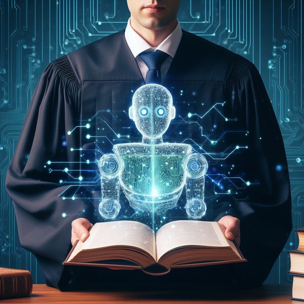 A scholar in traditional academic robes holds an open book. Above the book is a holographic android figure with glowing circuitry.