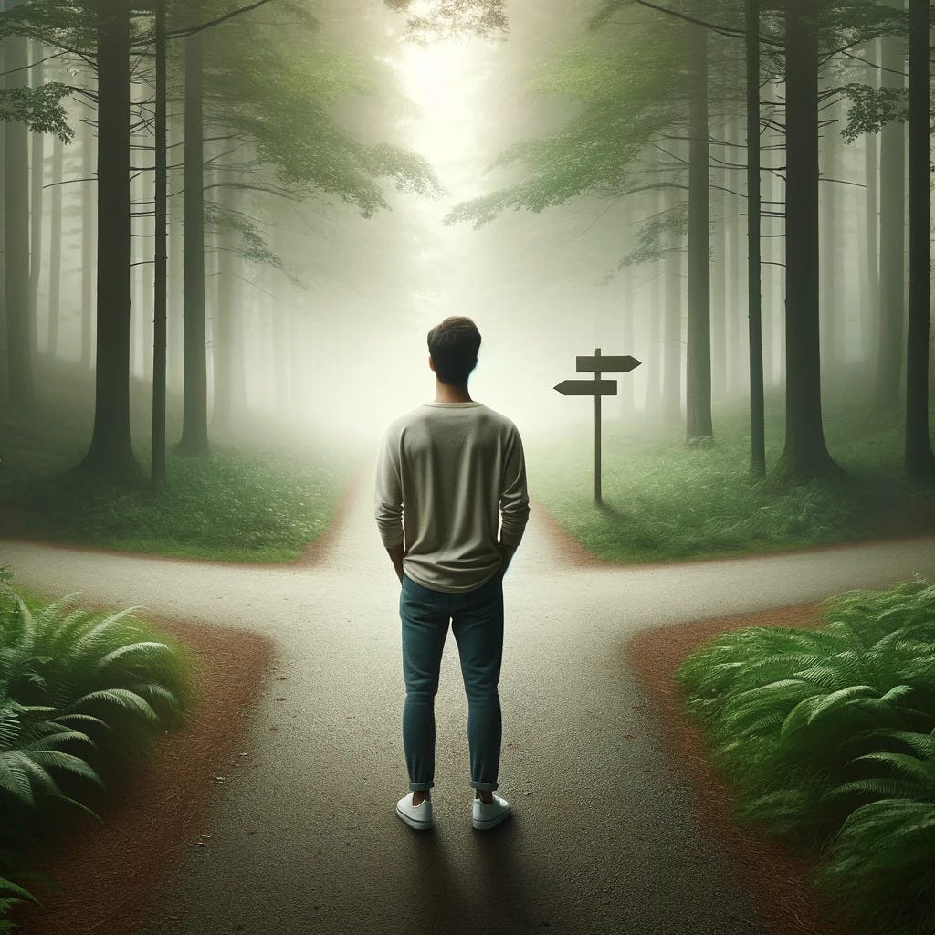 A contemplative and hopeful image depicting a person standing at the crossroads of a foggy forest path, symbolizing decision making and uncertainty