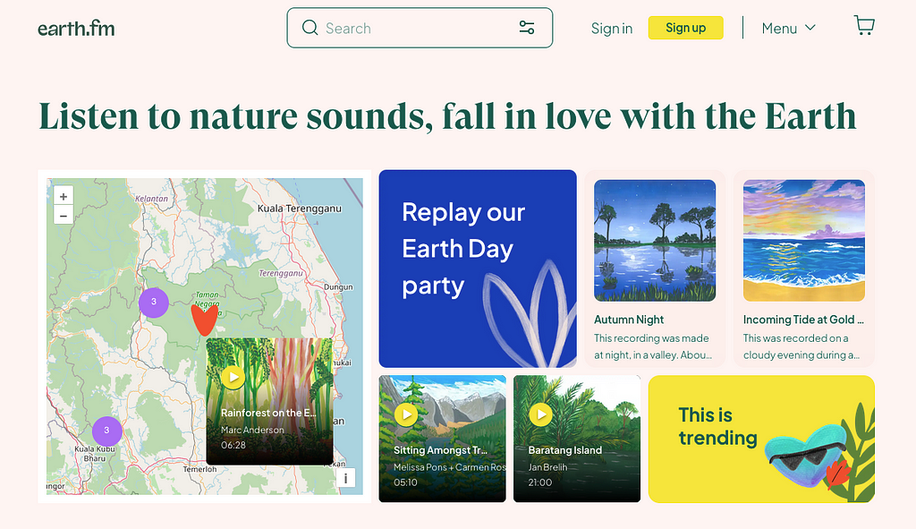 A screengrab of the landing page of the Earth.fm website.