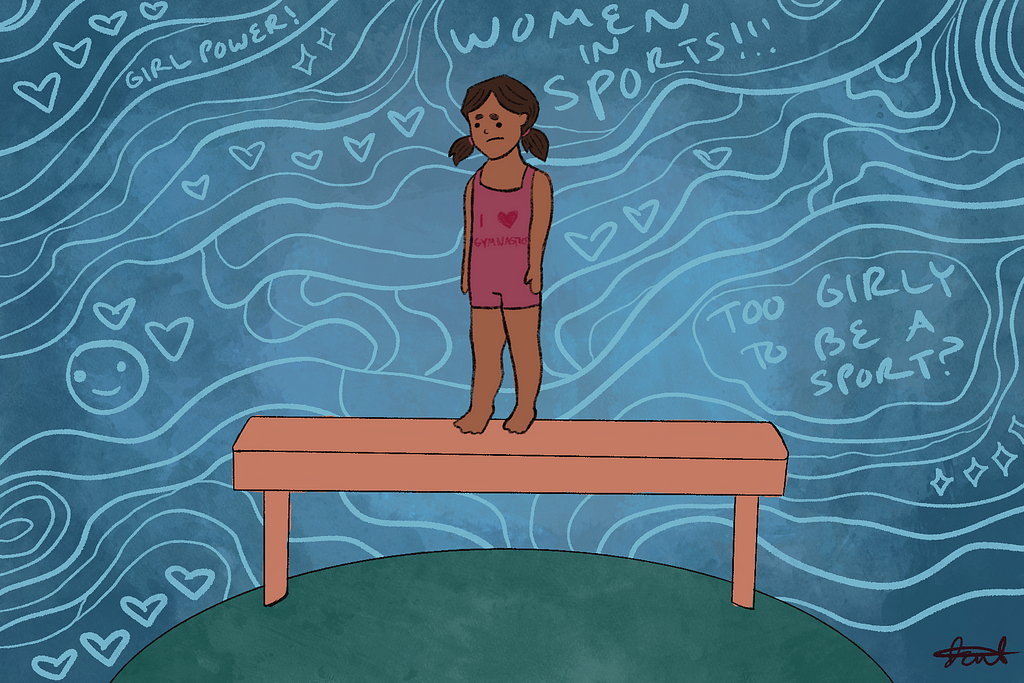 An image of a young girl standing on a balance beam with a frustrated expression on her face. Behind her is a blue background covered with hearts, stars, a smily face, and speech bubbles saying “Girl Power!” “Women in Sports!” and “Too Girly To Be a Sport?”