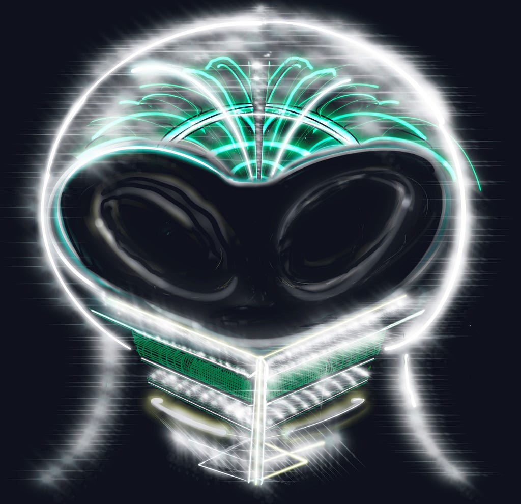 Artist rendition of a “Lux Capacitor” enabled quantum/conscious time-travel suit (with docking capabilities inside the Spirit Realm).