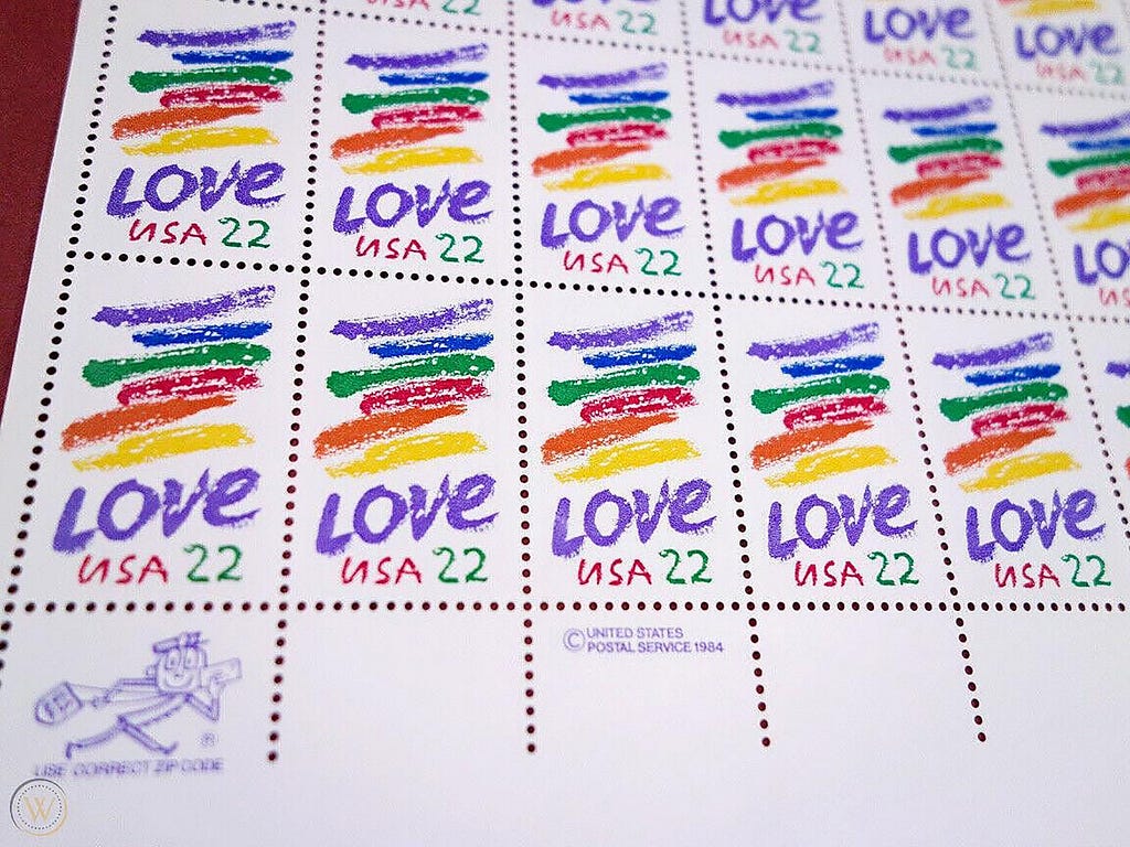 Picture of stamps, Love stamp for the United States Postal Service, 1985.