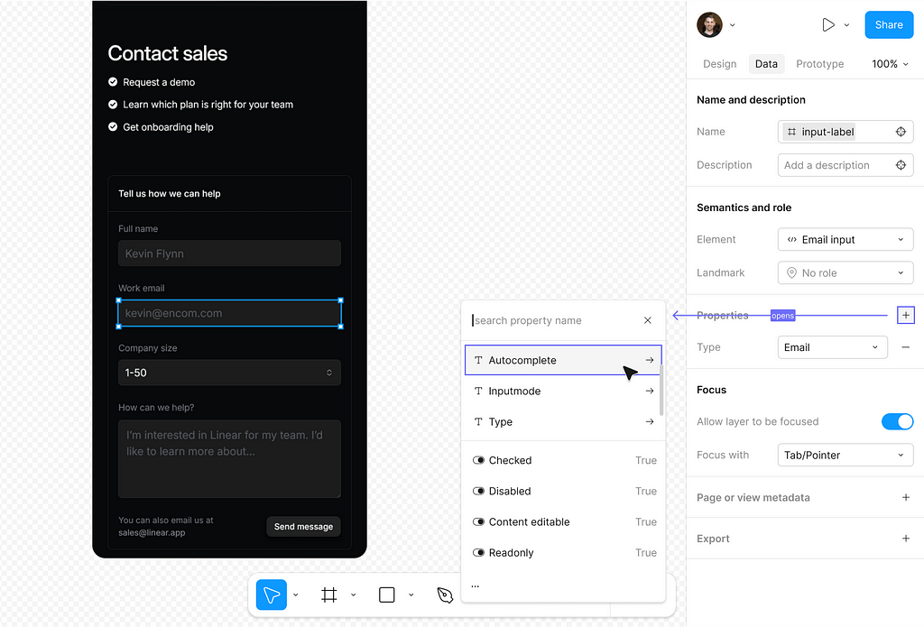 A mobile contact page with a highlighted text input (email), and a user adding a new autocomplete property via the data panel and property combobox to this layer.