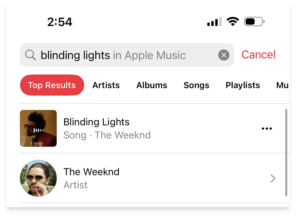 Search results for “blinding lights” in Apple Music