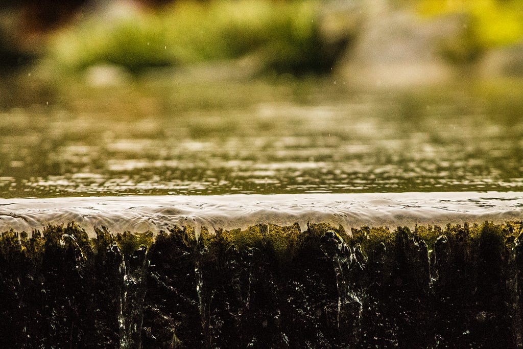 A close up of water flowing over an embankment