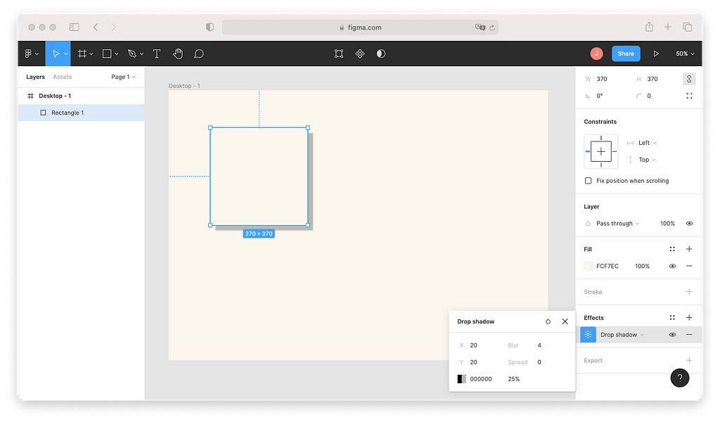 How to add a drop shadow in Figma: with a shape selected, go to the properties panel on the right-hand side and click the Plus Sign under Effects to add a new effect. This effect is a drop shadow by default.