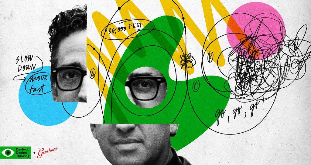 An abstract collage of colorful shapes, black ink and Gil Gershoni’s face, representing the process of visualization.
