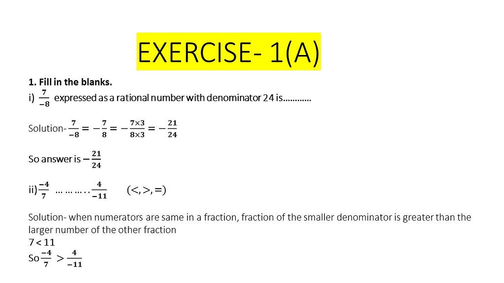 Rational number questions and Answers self practice 1(A) of New Learning Composite mathematics Book
