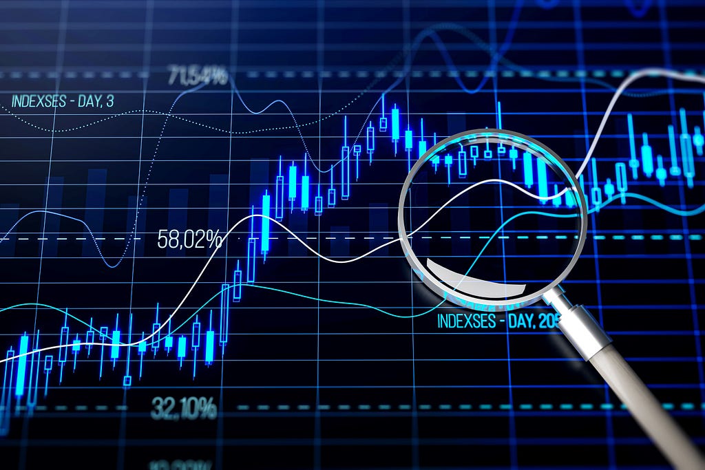 Detailed financial market analysis under magnification. 3D Rendering