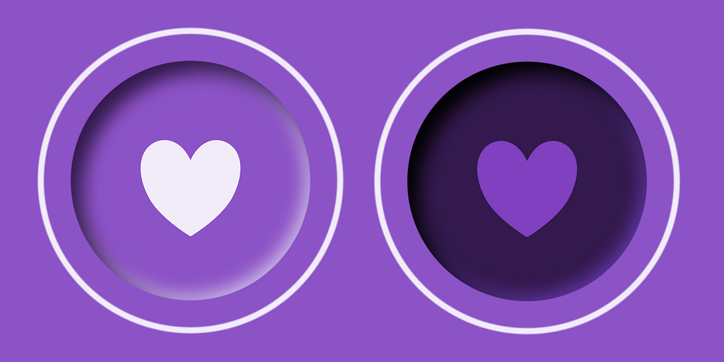 Digital illustration of two circular buttons following the Neumorphism / Soft UI trend, in a purple color scheme.