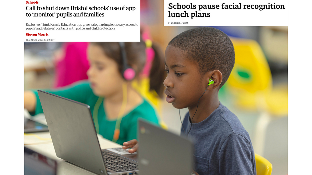 Image of a 7–8 year old black boy in a school classroom in front of a laptop with newspaper headlines that say “Calles to shut down Bristol school’s use of app to monitor pupils and families” and a second newspaper headline that states “Schools pause facial recognition lunch plans”
