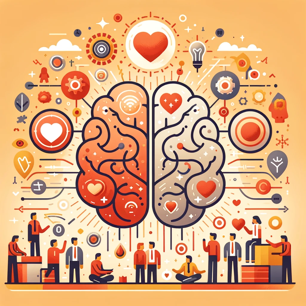 An illustration representing emotional intelligence and soft skills in the workplace. The image features a warm color palette with reds, oranges, and yellows. It includes a brain and interconnected human figures symbolizing empathy, self-awareness, and teamwork. The composition is balanced and engaging, with interconnected nodes highlighting collaboration and the dynamic flow of ideas and emotions in a professional setting. The square aspect ratio ensures equal emphasis on all elements.