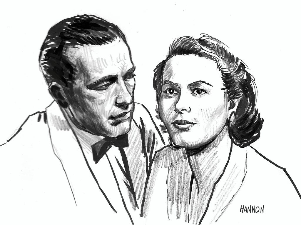 This image shows the movie stars Humphrey Bogart and Ingmar Bergman from the movie Casablanca