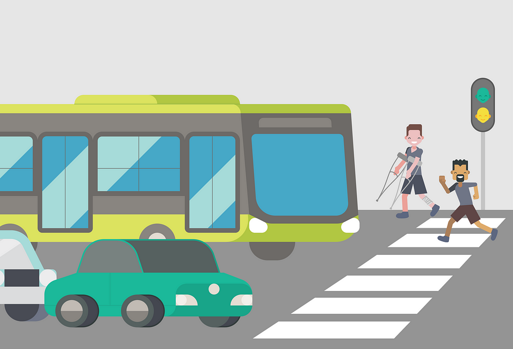 Ilustração de uma rua com um ônibus e dois carros parados em frente a uma faixa de pedestre, na qual dois homens estão atravessando a rua, um deles utilizando uma muleta e o outro correndo.