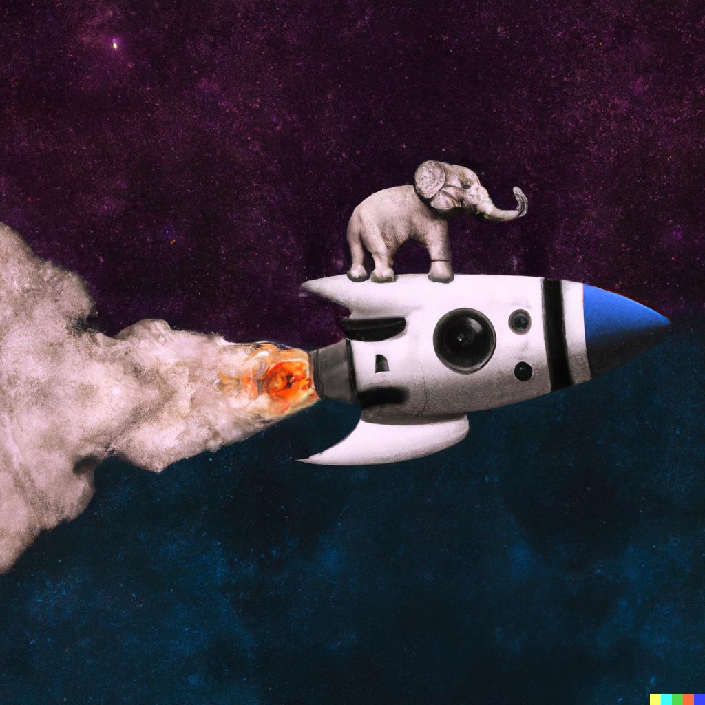 a rocket carrying an elephant in space, futuristic art
