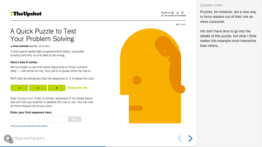 Slide mostrando um jogo do site Upshot em que o jogador precisa adivinhar o próximo número de uma sequência. Do lado esquerdo da página estão as instruções e no direito a ilustração da cabeça uma figura humana careca com outra pessoa menor dentro dela.