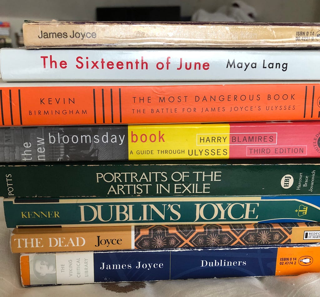 Stack of books having to do with James Joyce’s novel Ulysses.