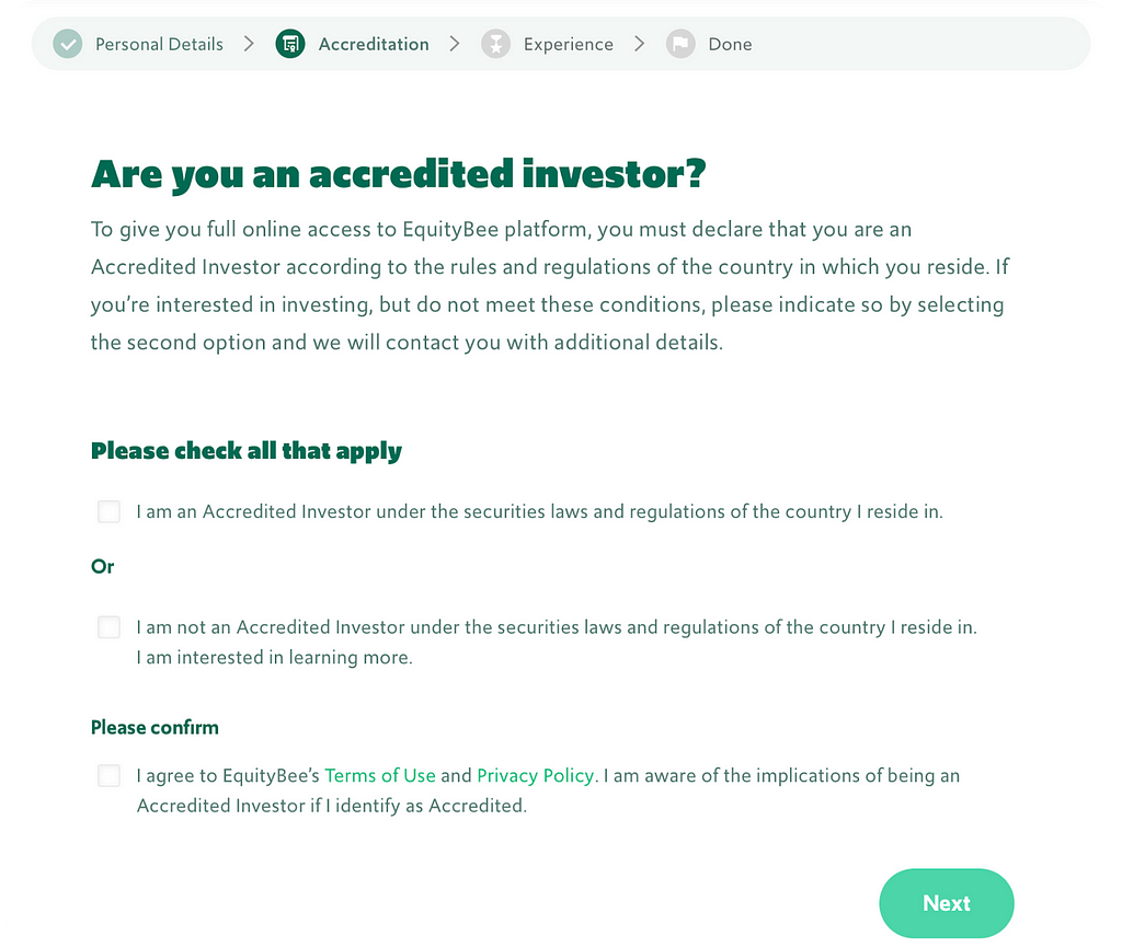 Investor’s accreditation approving on the EquityBee platform, screenshot