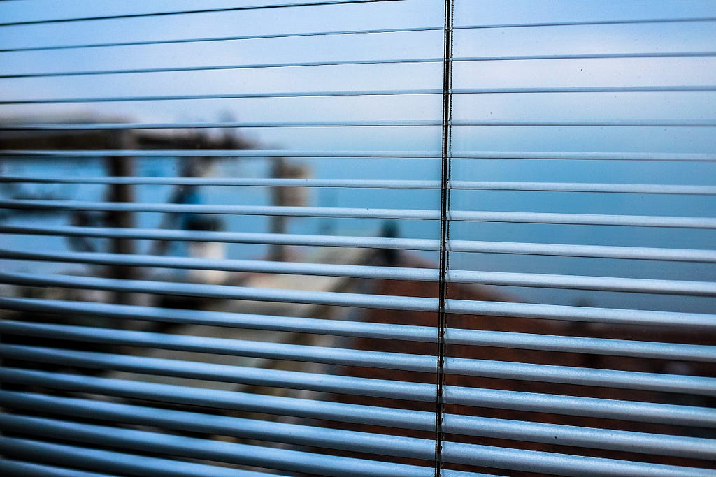 Image of window blinds that look out at scenery.