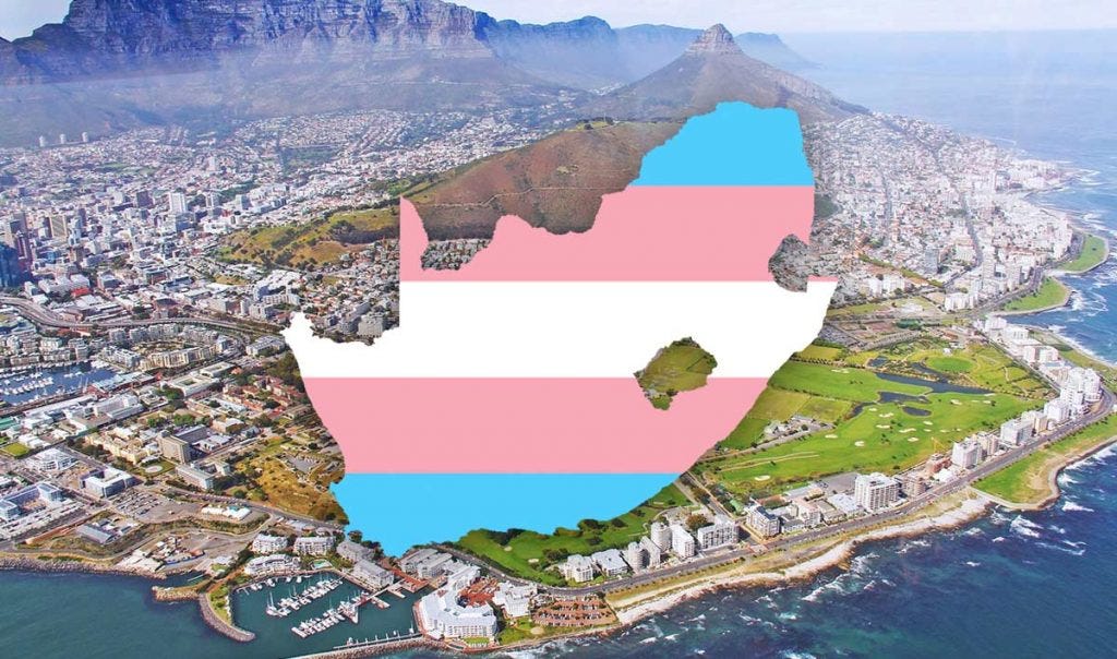 Trans flag colours in the shape of South Africa overlaid over a picture of Cape Town.