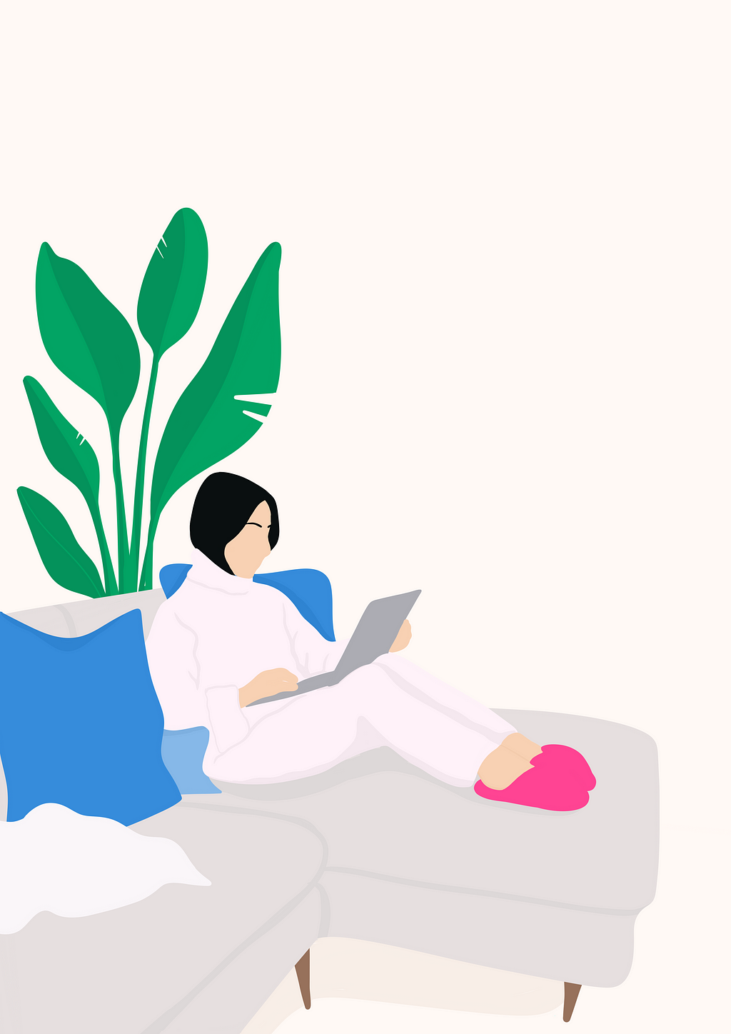 Illustrasjon av en jente sittende i en sofa med laptoppen på fanget. Hun har på seg komfortable klær og tøfler