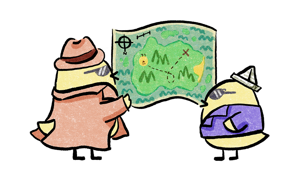 A shifty duck in a trench coat sharing a map with another duckling