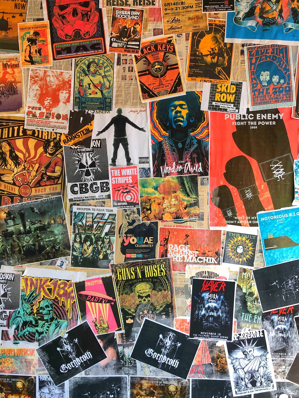 A collage of colour posters and images.