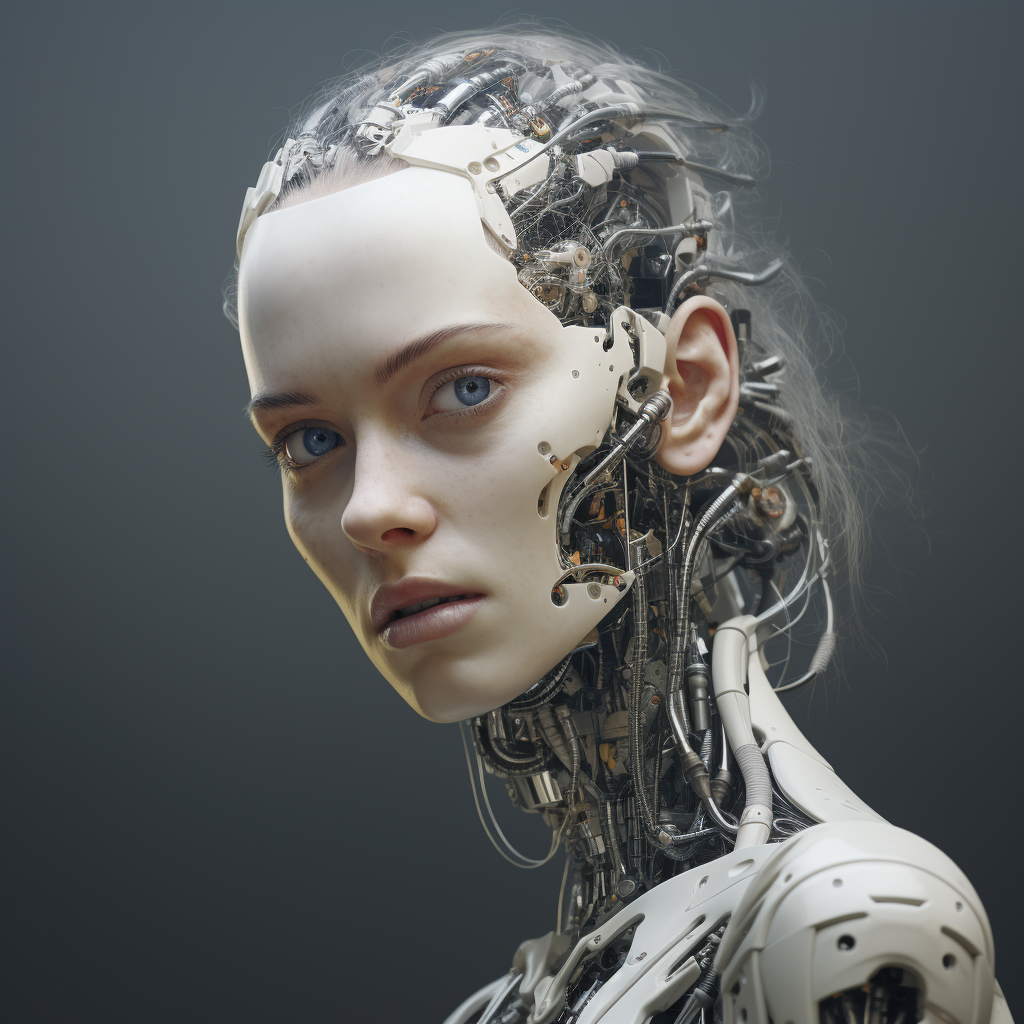 A close-up of a robot with a very human face, looking blankly at the camera with a straight face.