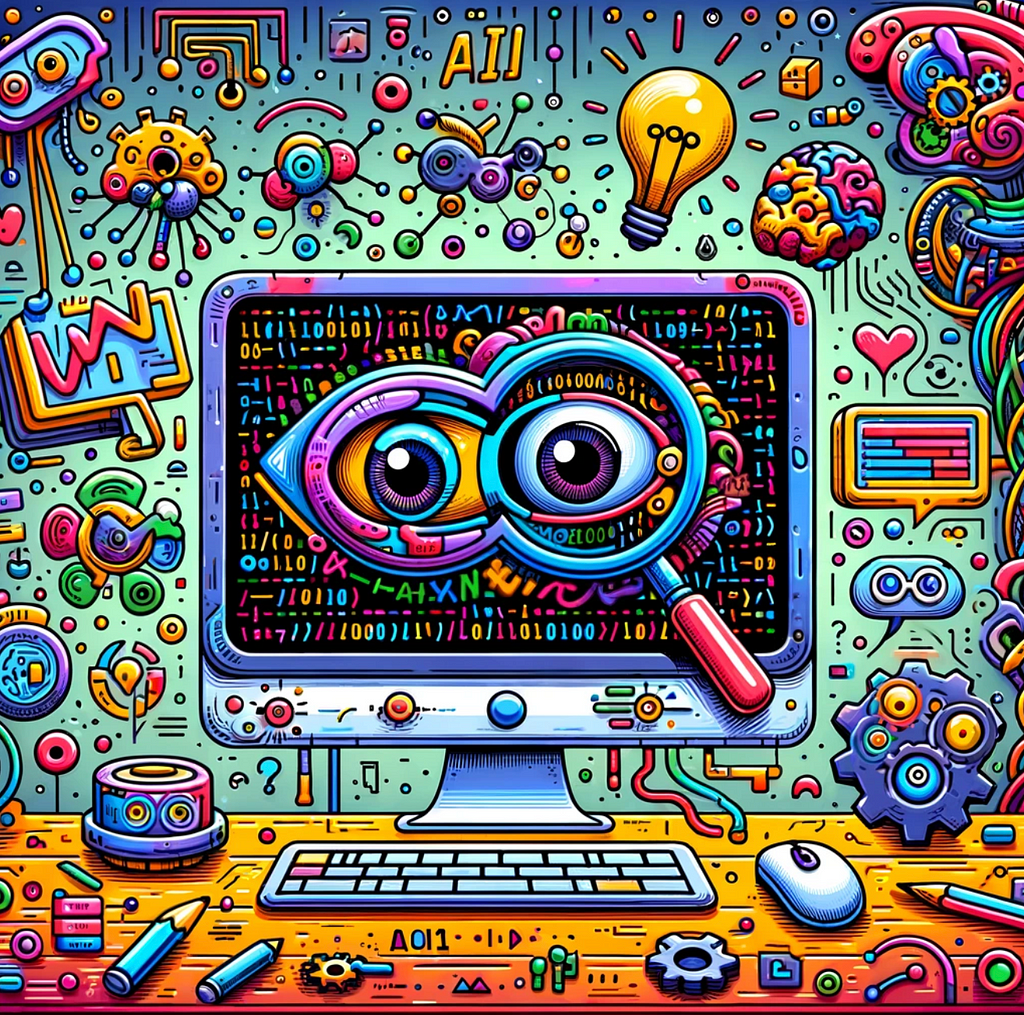 A vibrant and creative doodle representing AI detection software. The scene depicts a whimsical computer screen displaying a magnifying glass scanning over lines of code, with cartoonish eyes symbolizing the software’s vigilance. The code on the screen contains playful symbols and characters, suggesting the detection of AI-generated content. Around the screen, digital icons such as gears, neural networks, and binary code float in space, illustrating the technology behind the software.