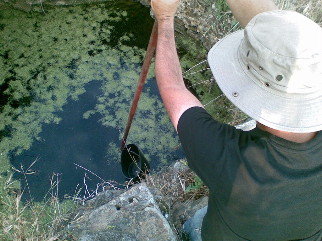 A man wearing a hat and a black t-shirt with his back to the camera lowers a bucket on the end of a pole into a water well.