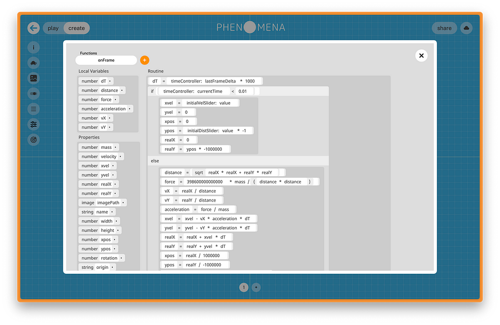 A screenshot of the Phenomena block-based code editor