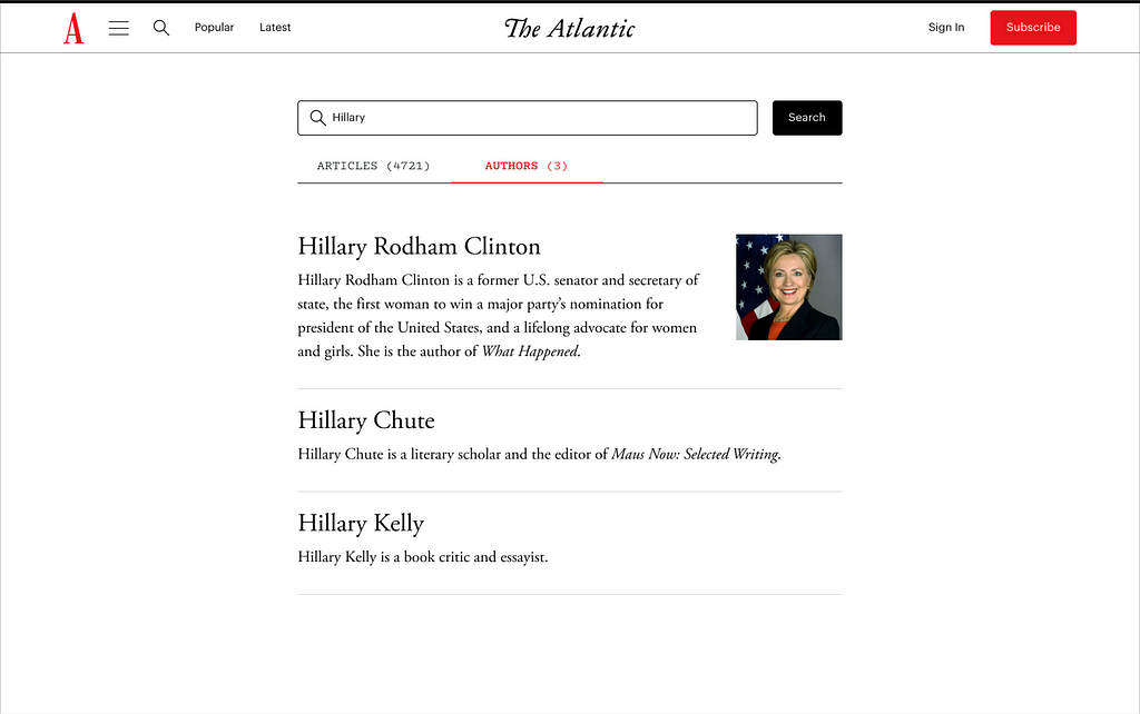 Visuals used for the usability test featuring a results page for a writer named Hillary.