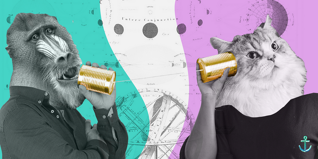 two people with animal heads speaking using cans and string illustration by DotB