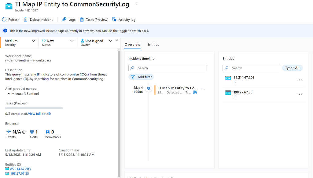 An example Microsoft Sentinel incident relating to threat intelligence indicator matching